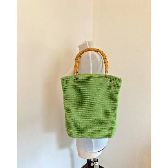 Maggie Barnes Green Woven Natural Bamboo Double Handle VTG y2k Tote Shoulder Bag - Picture 1 of 14